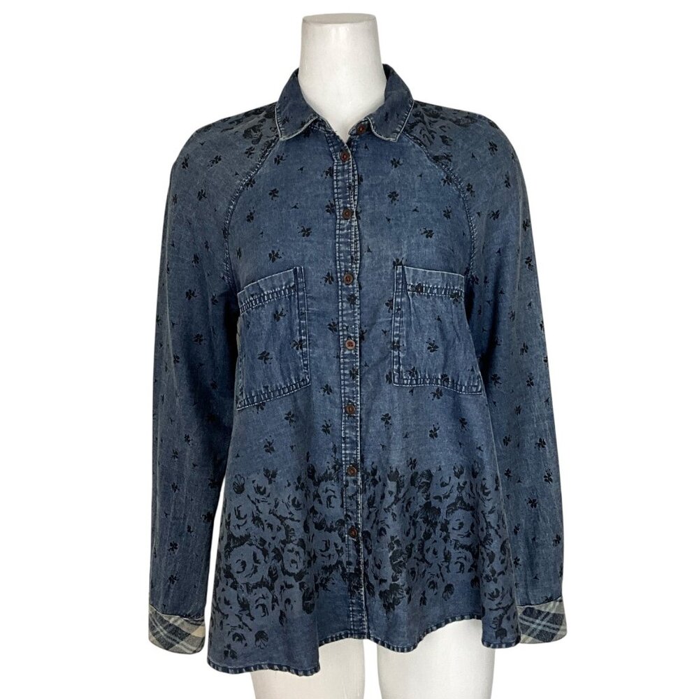 Free People Dottie Over You Button Down Shirt Blouse S Blue Chambray